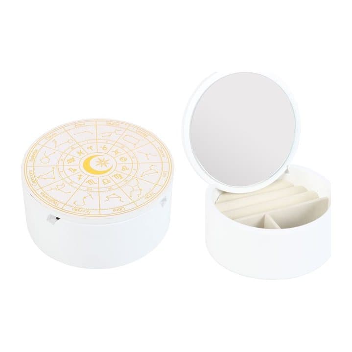 White jewellery box with an astrology wheel design and a mirror in the lid