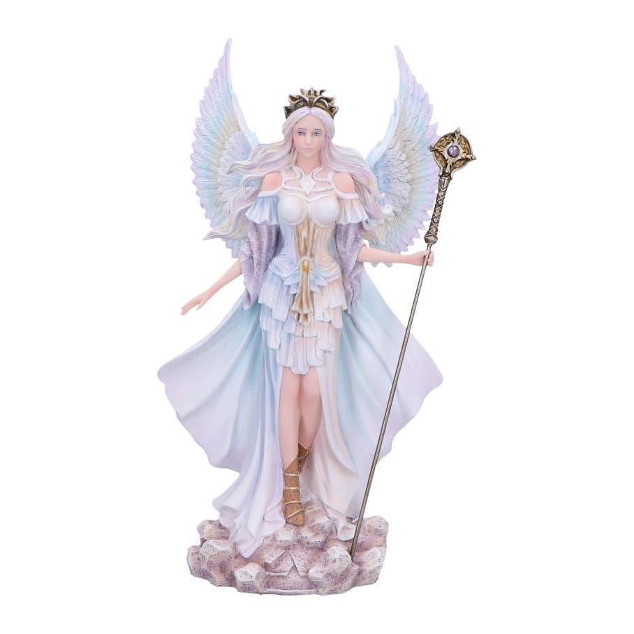 Atara angel figurine with rainbow wings, tiara and staff on a rock base