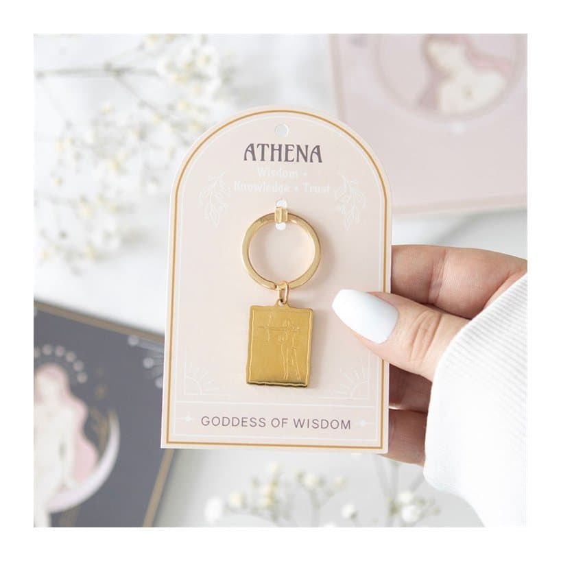 Athena goddess talisman keyring with gold-toned pendant on a backing card