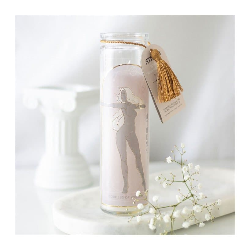 Athena goddess tube candle with clear quartz crystals