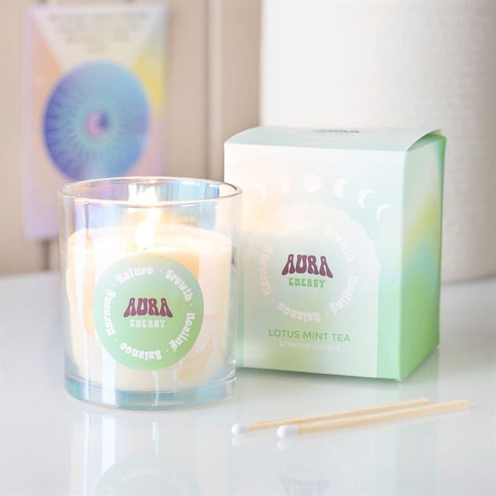 Iridescent glass candle with a shimmering finish, scented Lotus Mint Tea