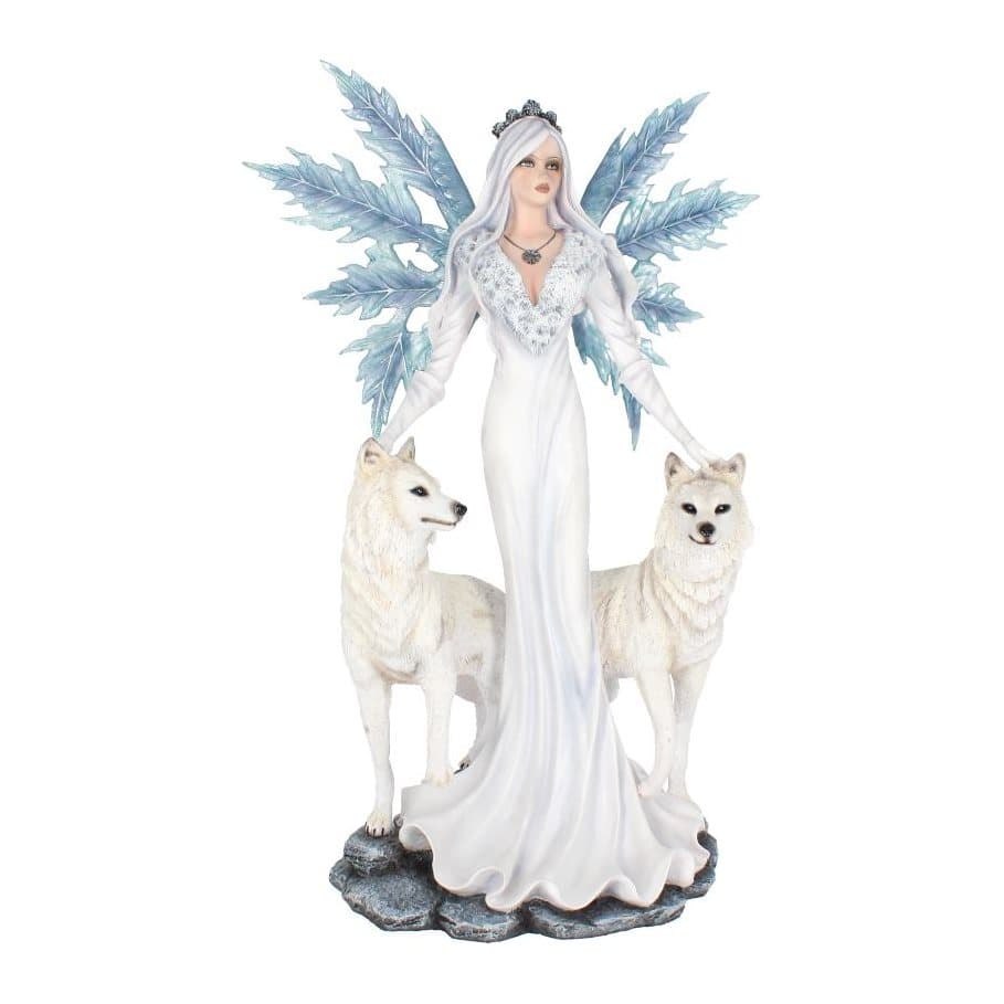 Ice fairy in a white dress with icy blue wings and two white wolves