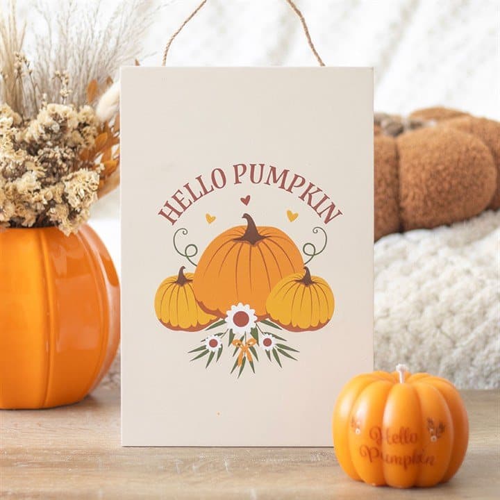 MDF hanging sign with a pumpkin design and Hello Pumpkin text
