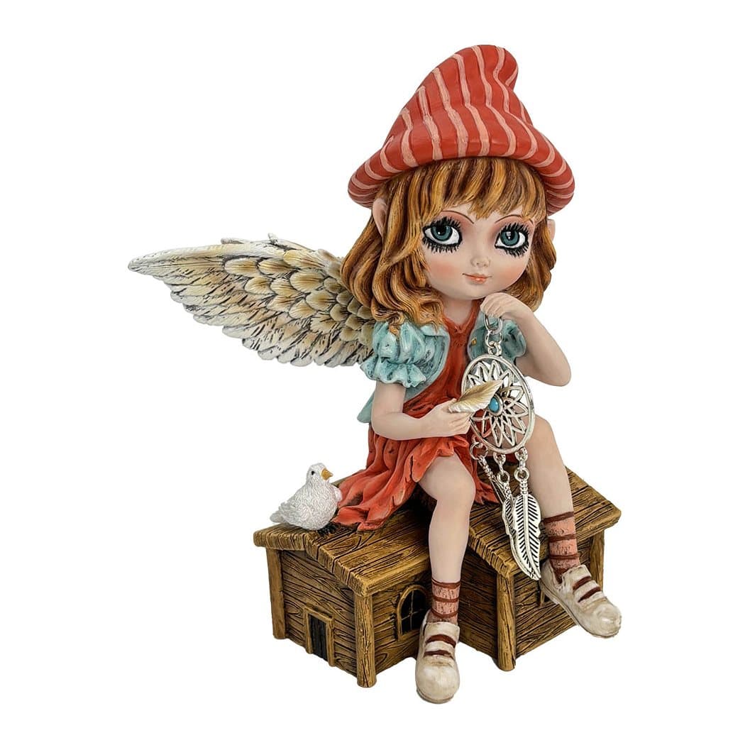 Autumn Fae fairy figurine with a dream catcher and white bird on a cottage