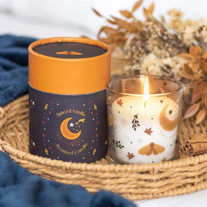Glass candle jar with an autumn moon design