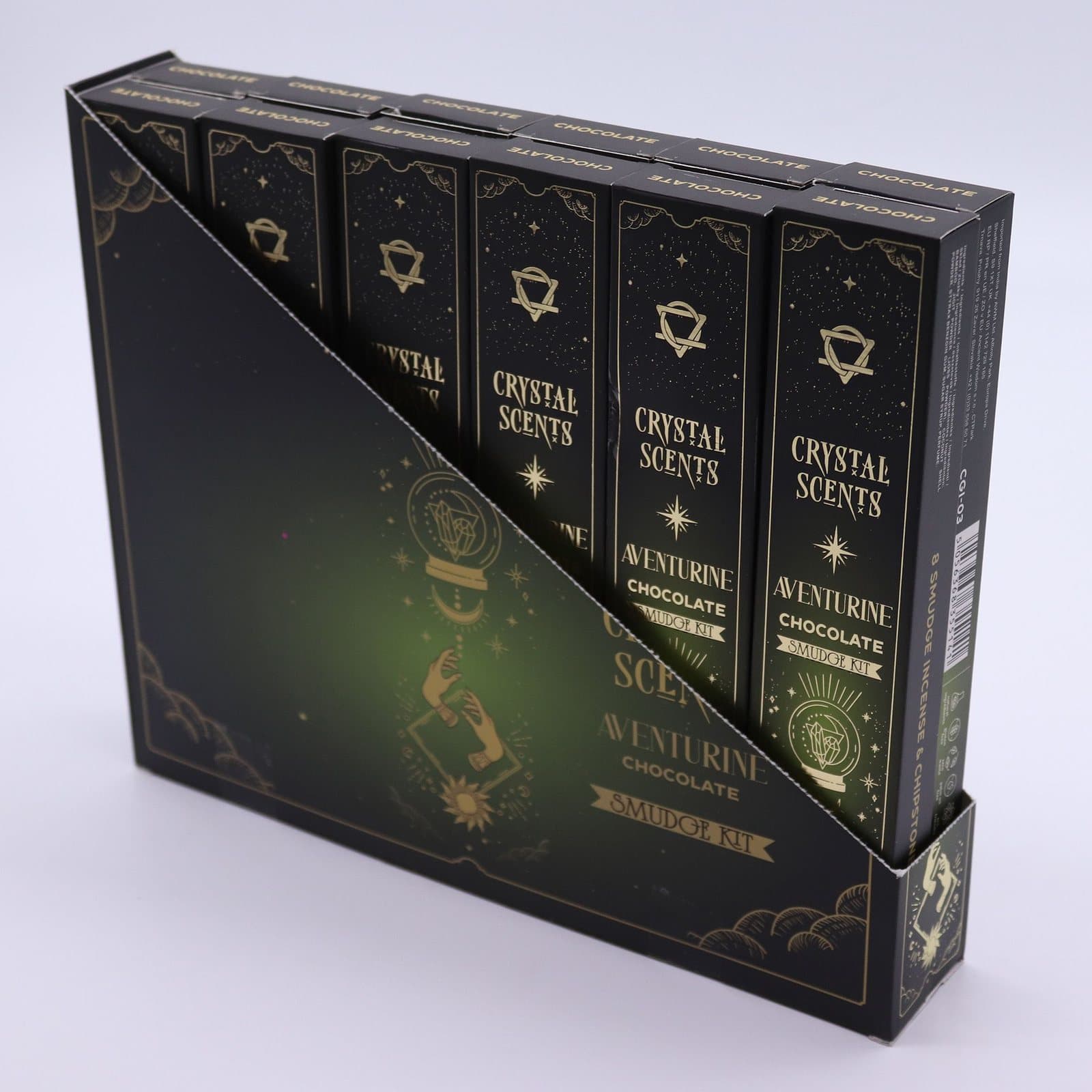Chocolate smudge incense sticks in a deep green celestial-style cardboard sleeve