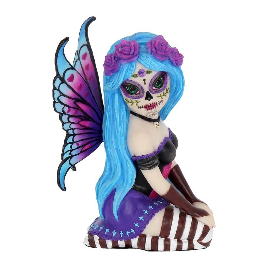 Azula sugar skull fairy ornament in a black corset, purple skirt and purple roses