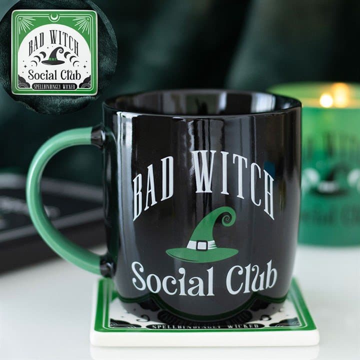 Bad Witch Social Club mug with a matching coaster