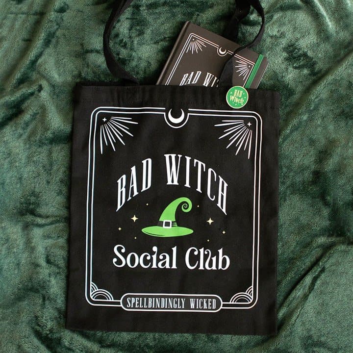 Black Bad Witch Social Club tote with a pin