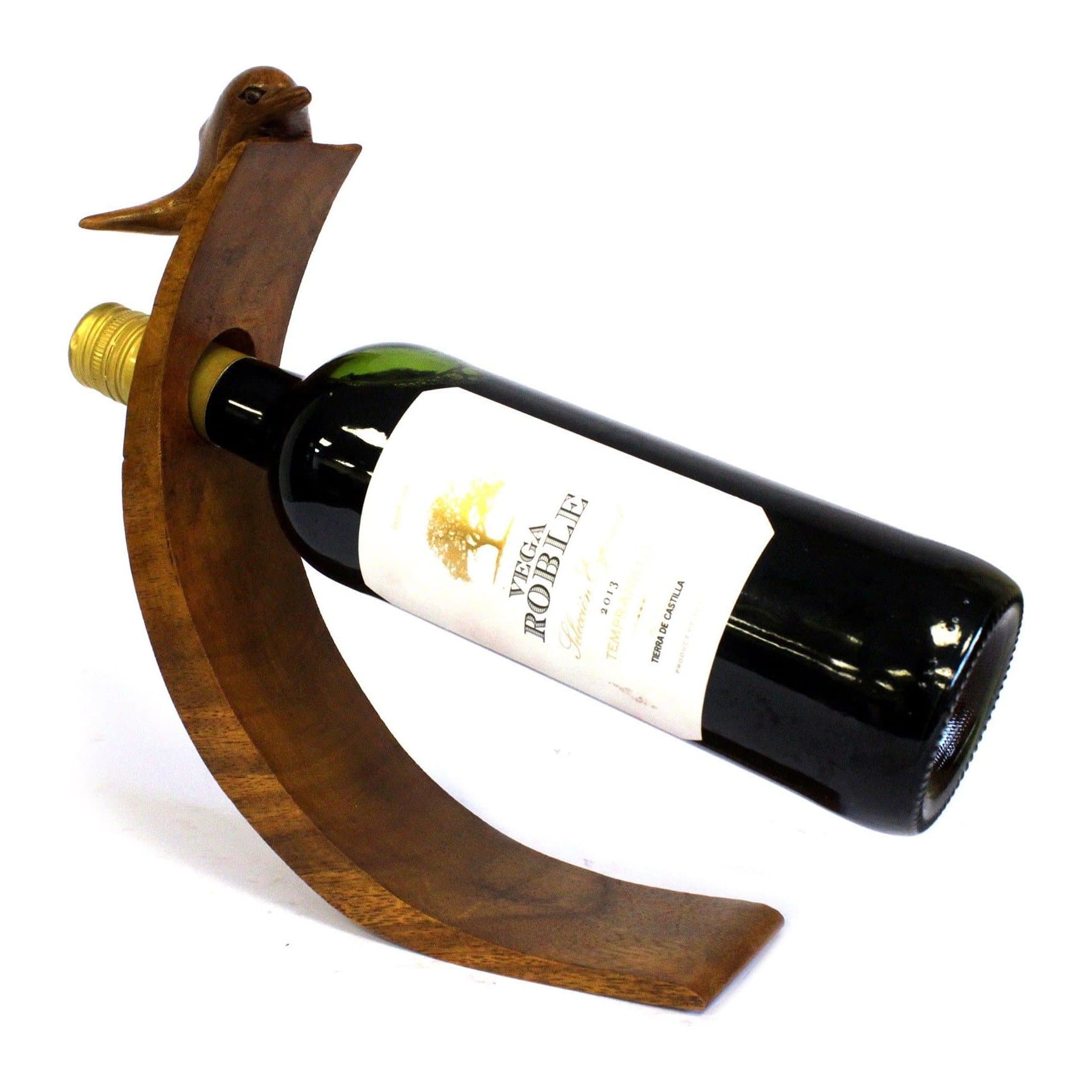 Wooden dolphin balancing wine bottle holder