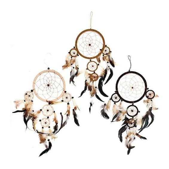 Round hand crafted dream catchers in cream, coffee and chocolate with feathers