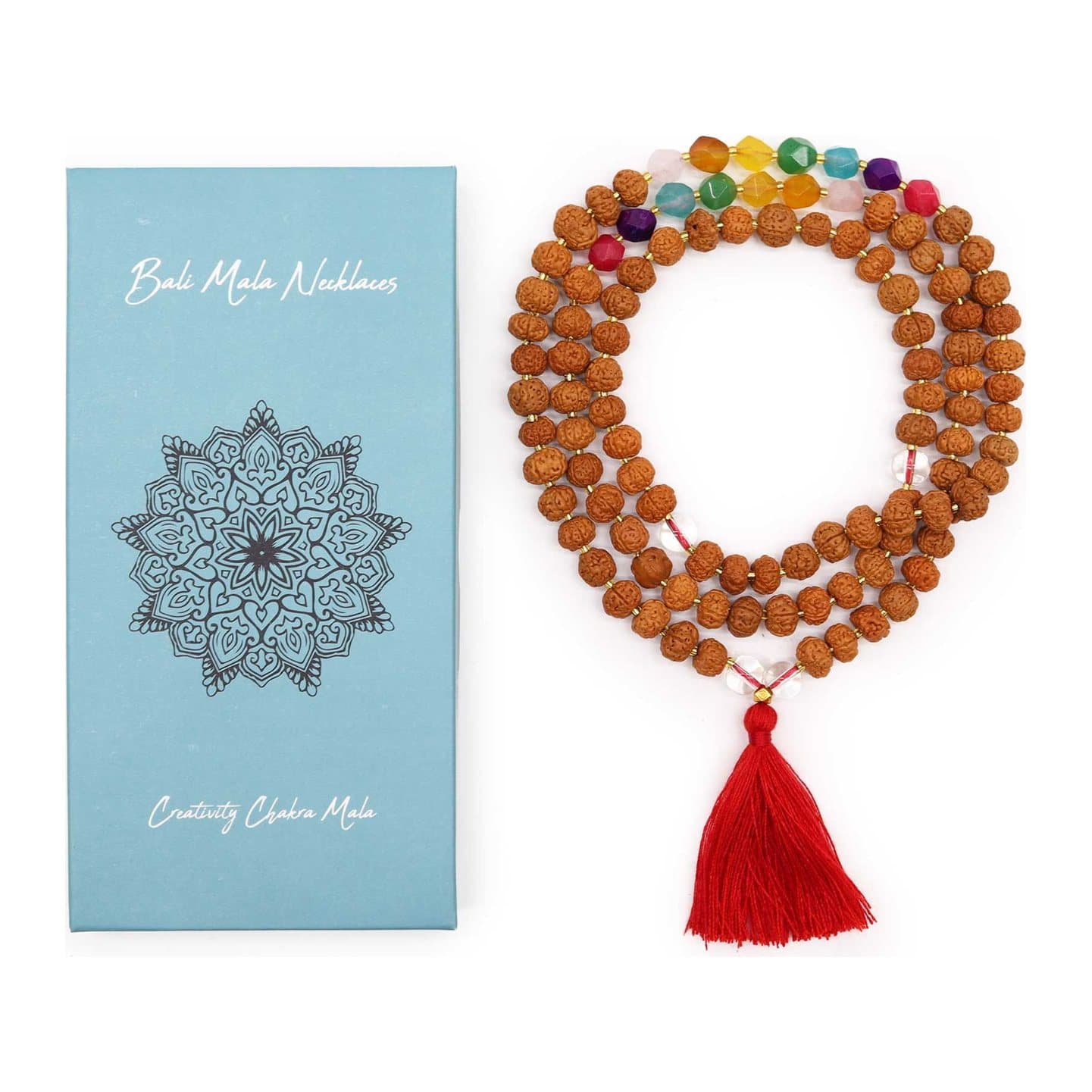Mala necklace with chakra colour beads and a red tassel