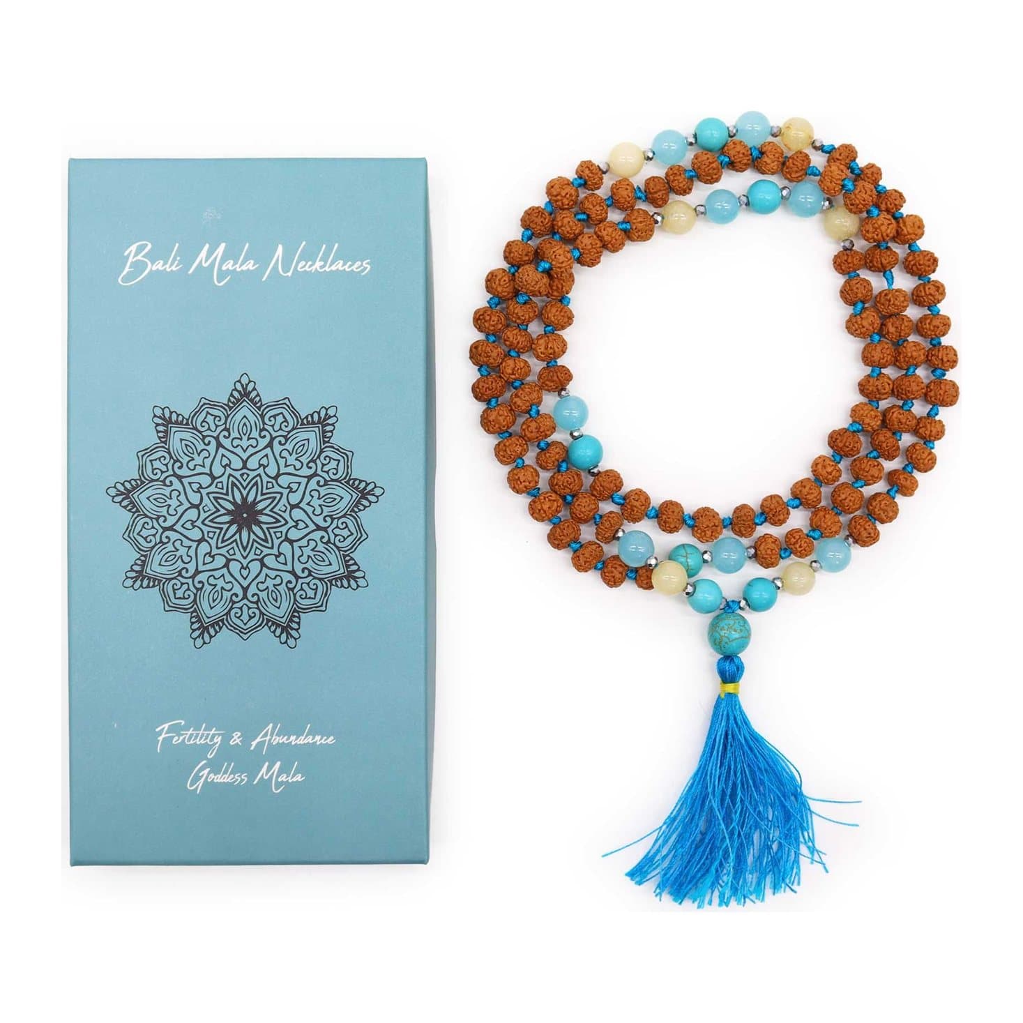 Blue Bali mala necklace with Rudraksha beads