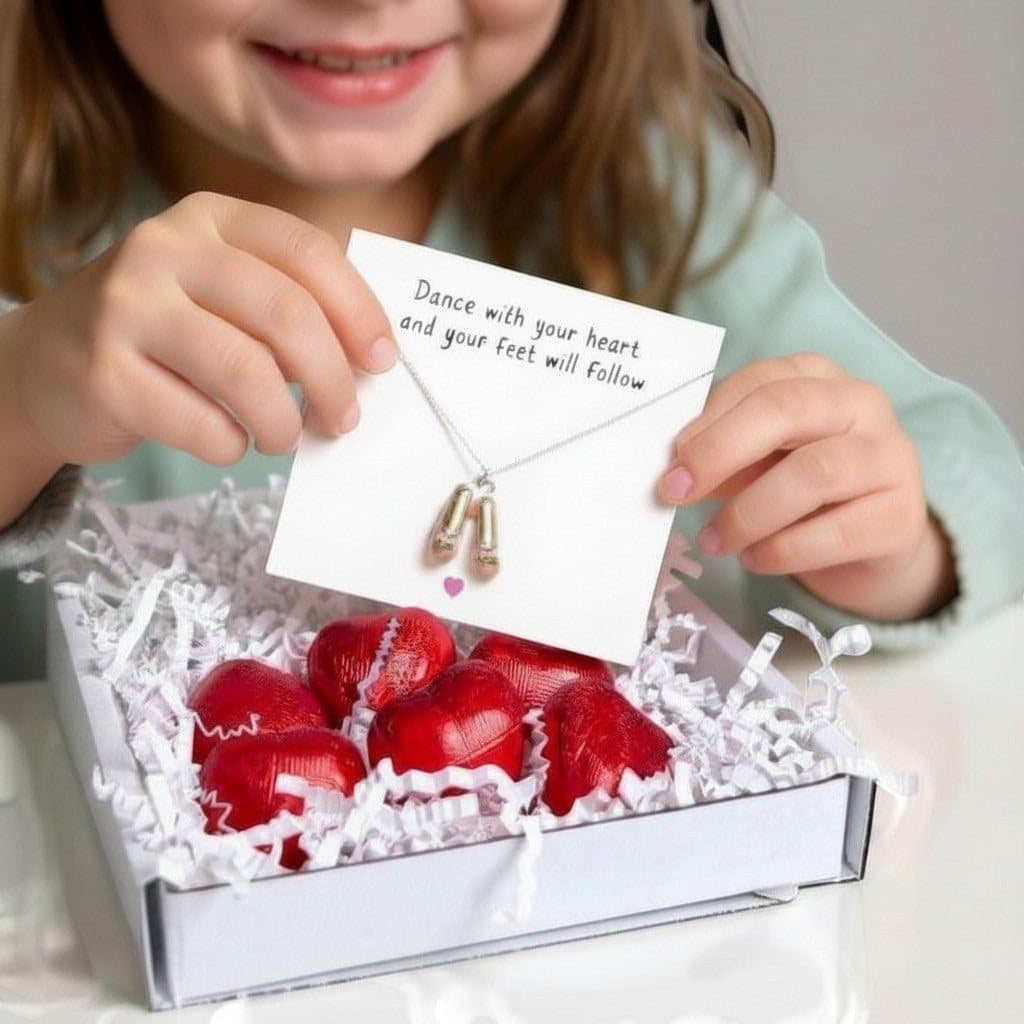 Silver ballet shoes charm necklace with pink enamel in a mini gift hamper