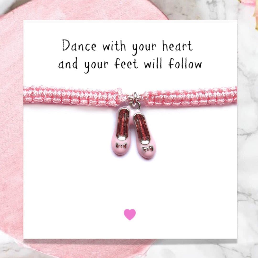 Pink ballet shoes friendship bracelet on braided nylon cord, with a gift card