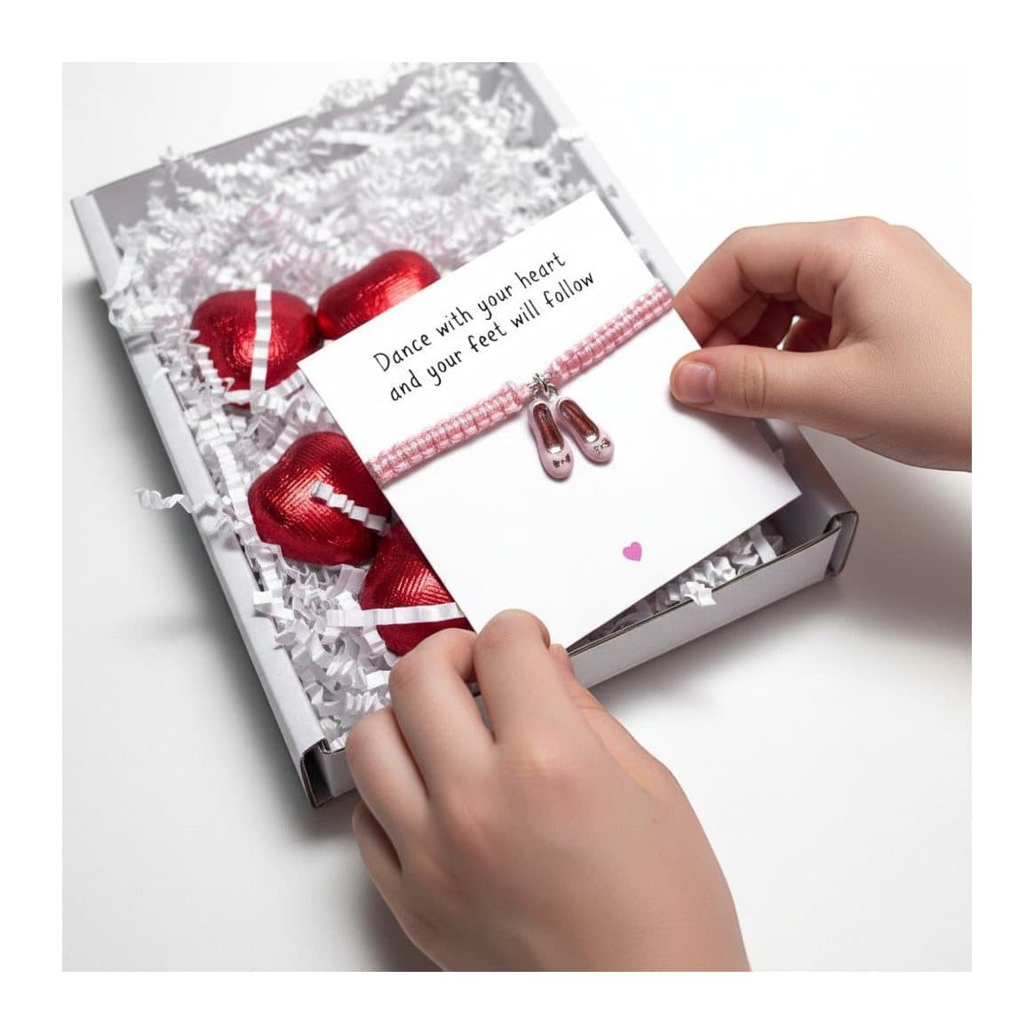 Ballet shoes friendship bracelet with a gift card and six red foiled milk chocolate hearts