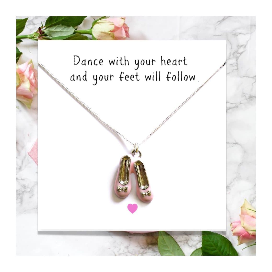 Silver necklace with pink enamel ballet shoes and a message card