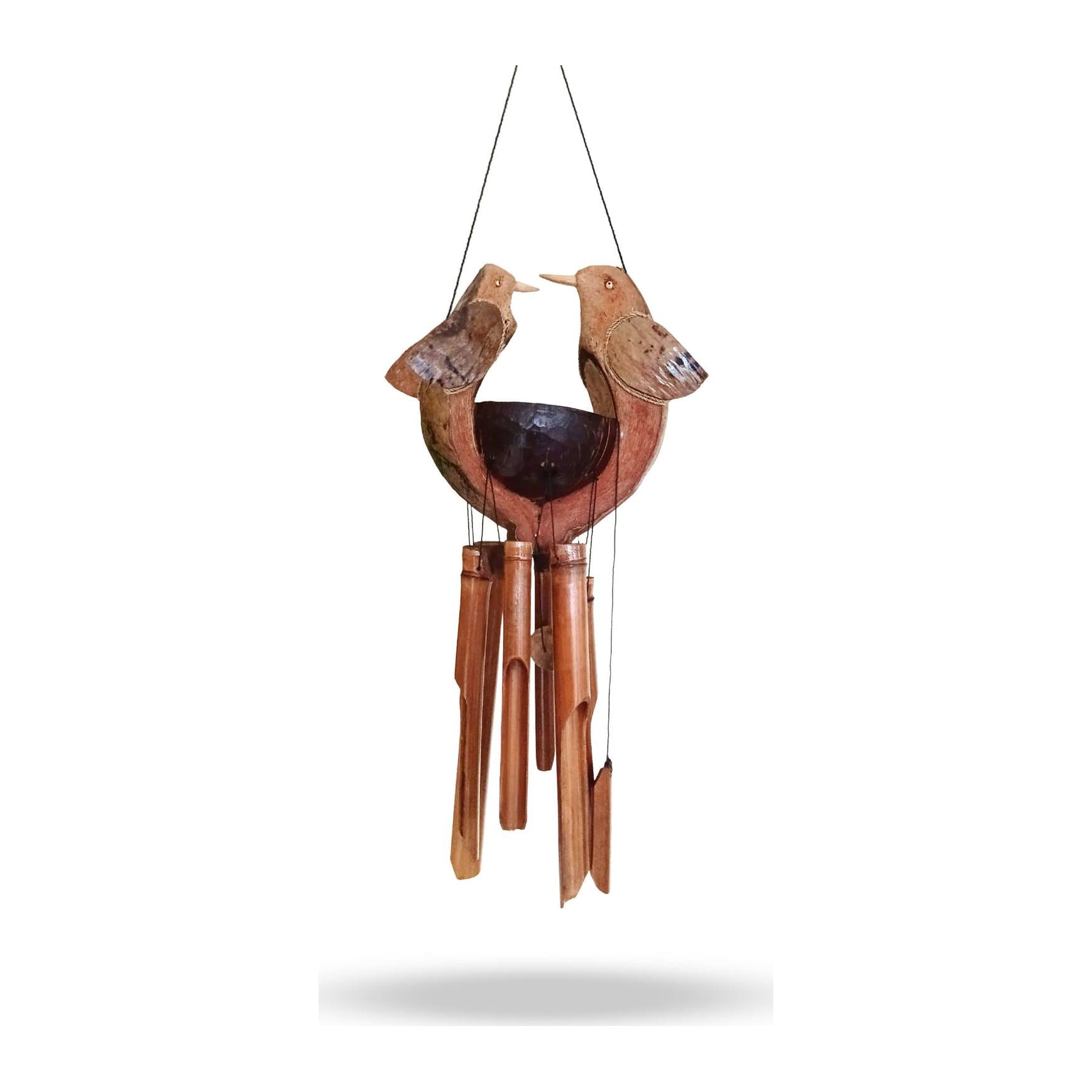 Bamboo wind chime with a carved Husband & Wife bird design