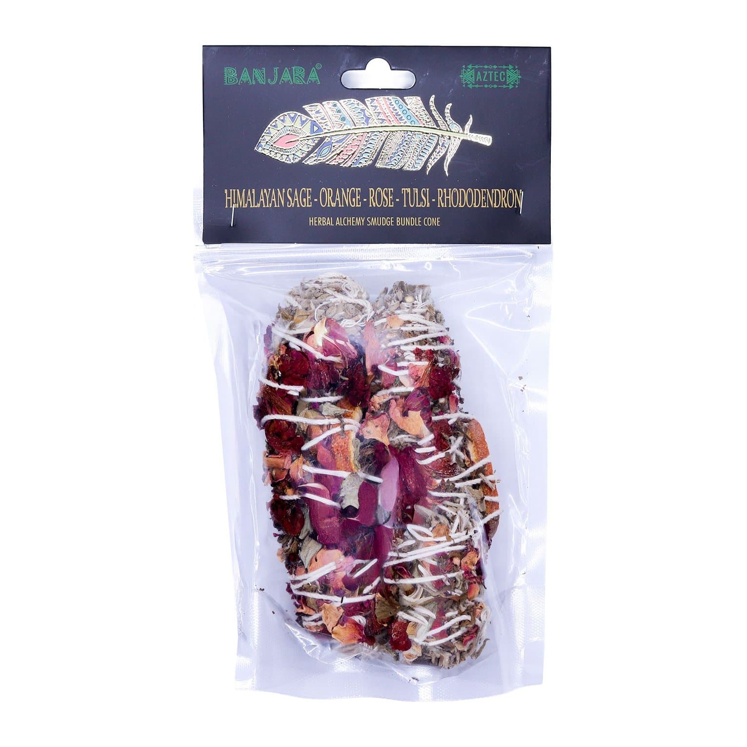 Himalayan sage smudge bundle wrapped with orange peel and petals in a clear pouch
