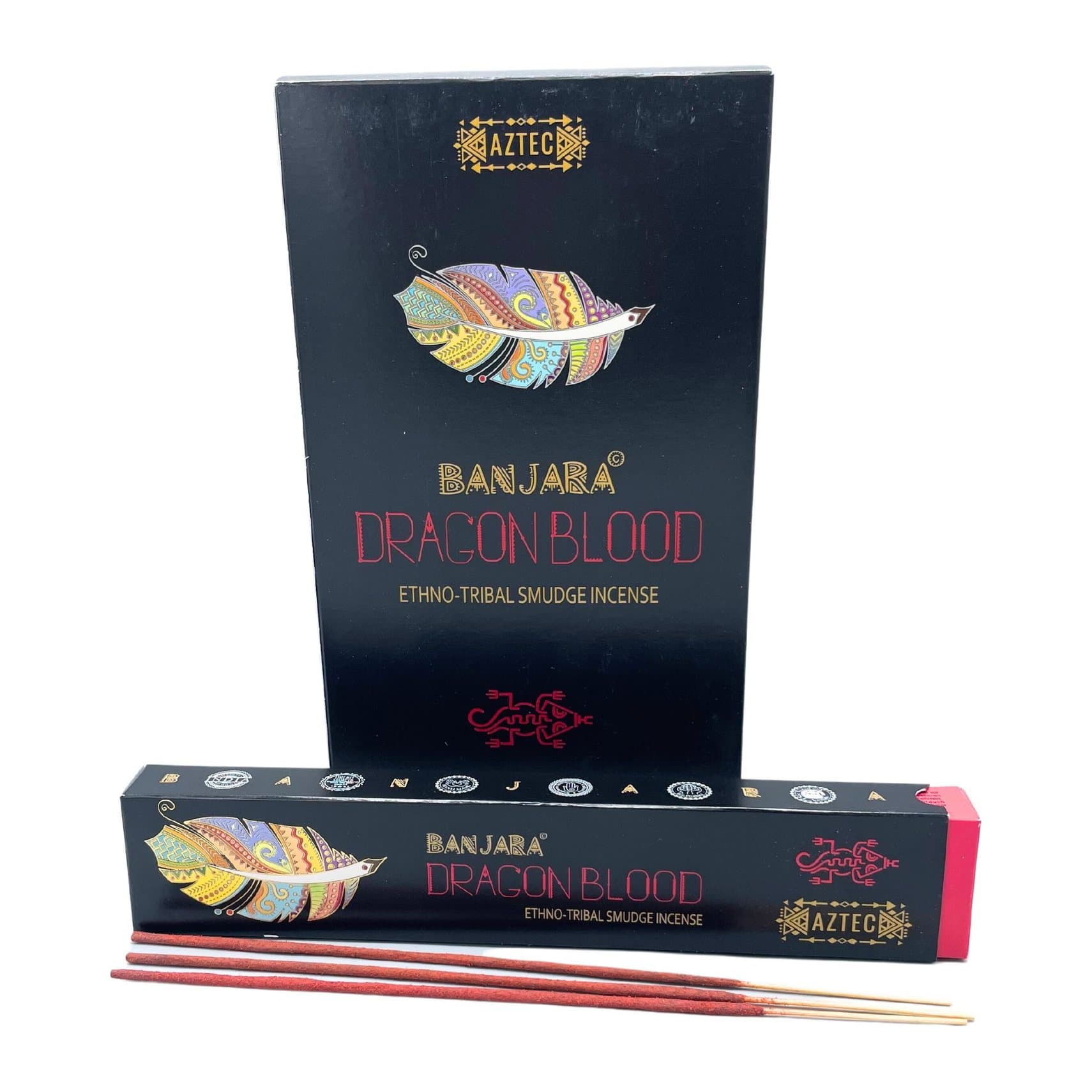 Pack of Banjara dragon's blood incense sticks with tribal-inspired artwork
