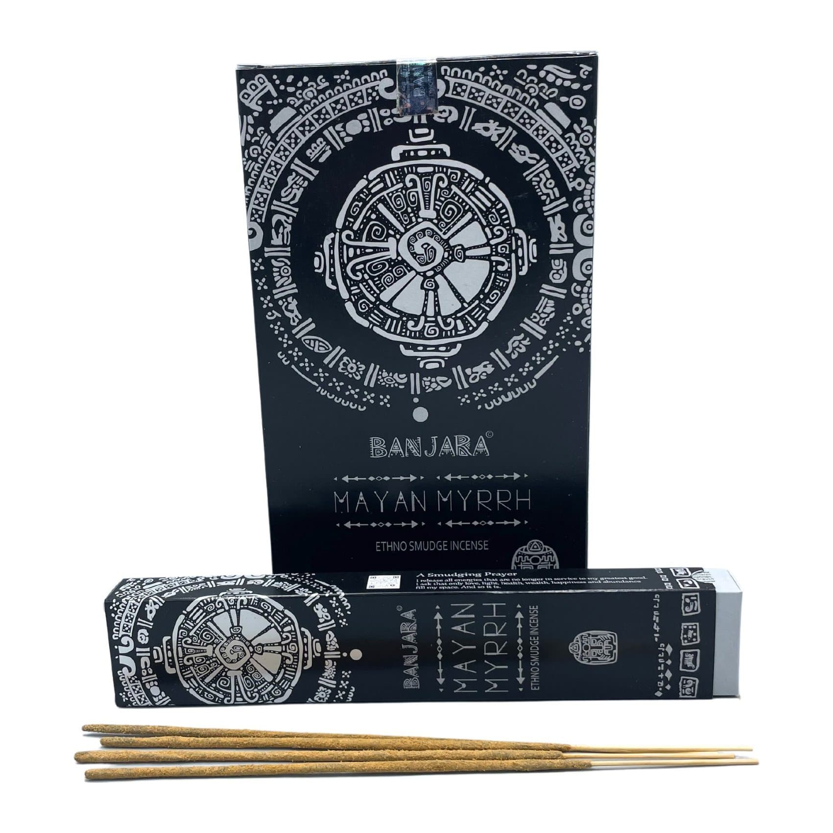 Mayan Myrrh smudge incense sticks pack of 2 in a box with Mayan-inspired artwork