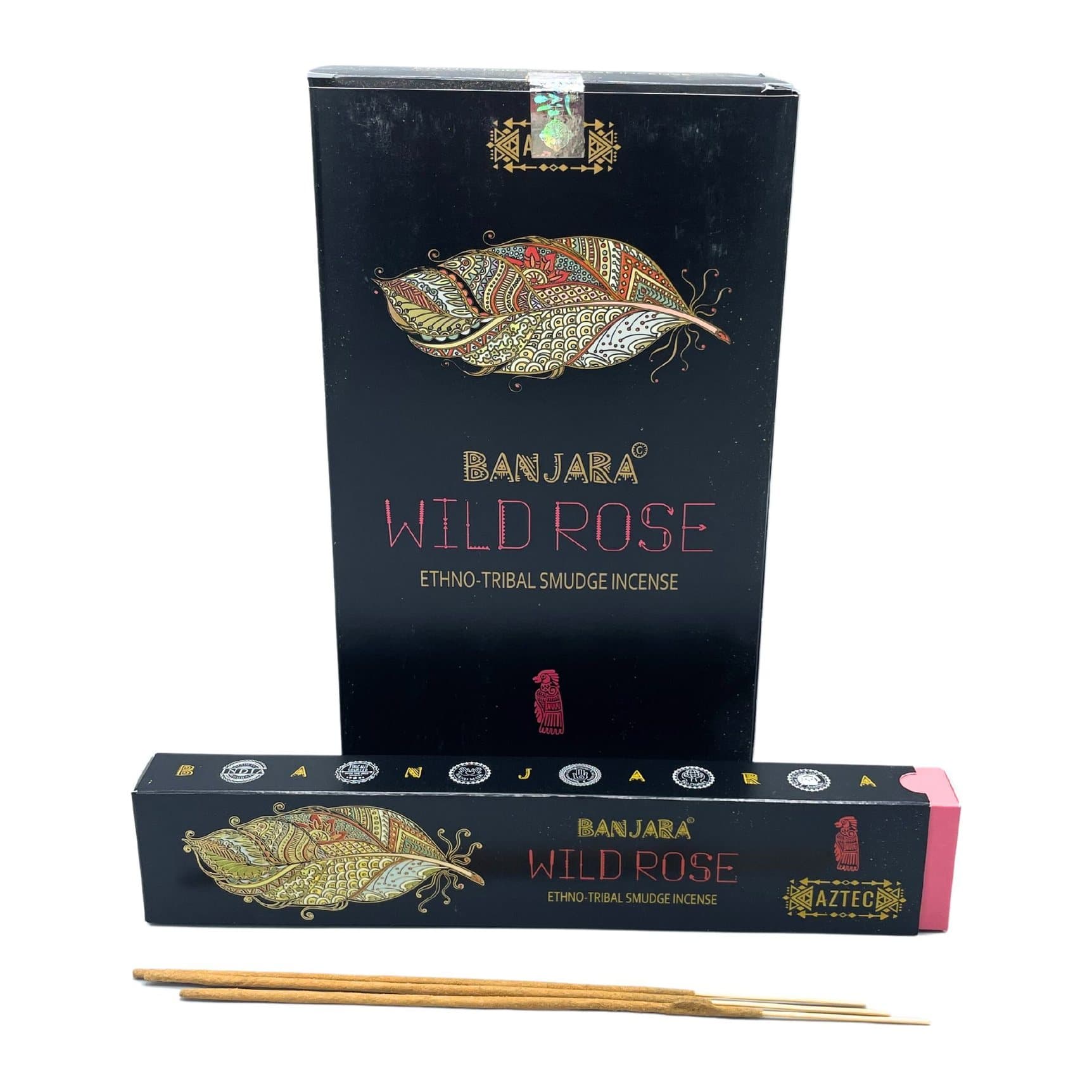 Two packs of Banjara Wild Rose smudge incense sticks with tribal-inspired artwork