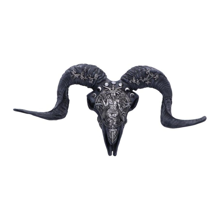 Matte black resin skull wall plaque with Baphomet and silver detail