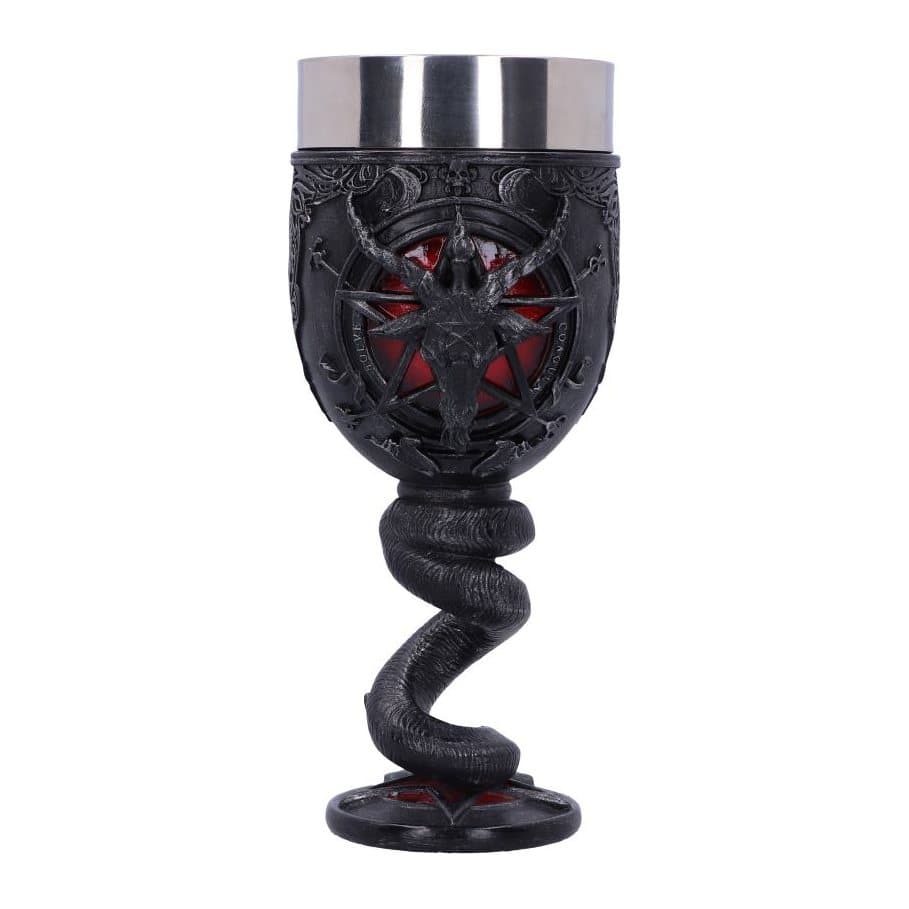 Baphomet Sabbatic goat goblet with a raised pentagram, crescent moons and king cobras