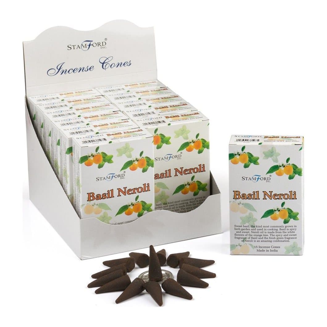 Basil and neroli incense cones in a pack of 2 with metal holders