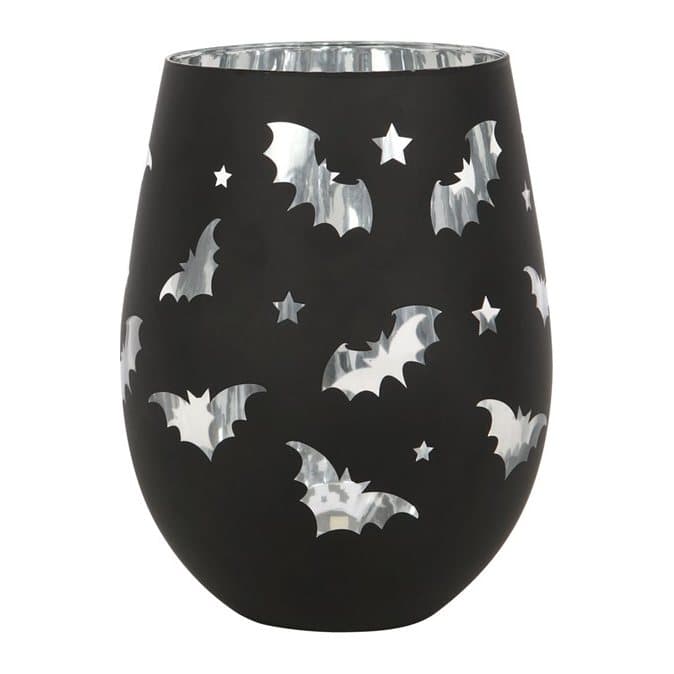 Stemless wine glass with clear bat designs and a silver interior