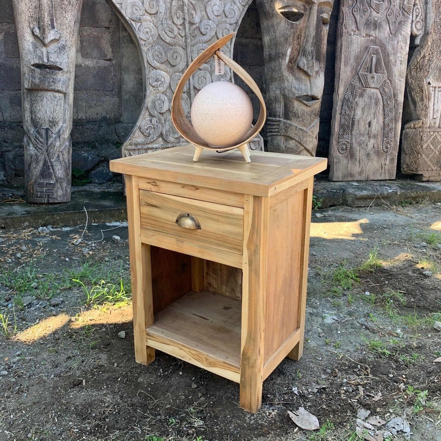 Square rustic bedside table in recycled teak wood with a natural finish