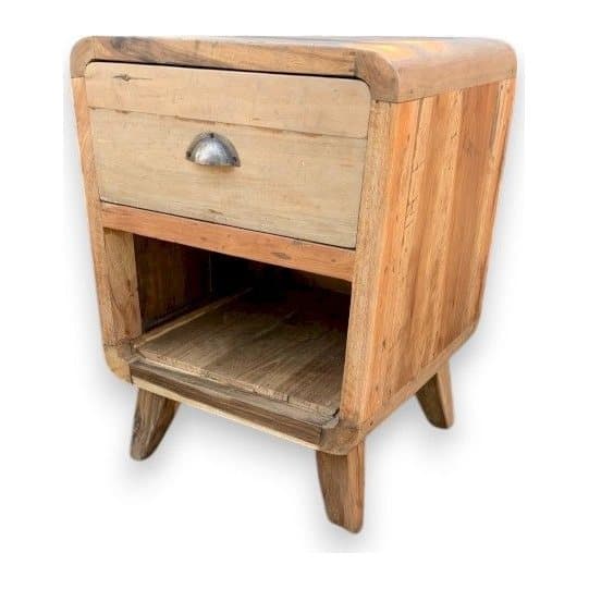 Round recycled teak bedside table with one drawer and a shelf