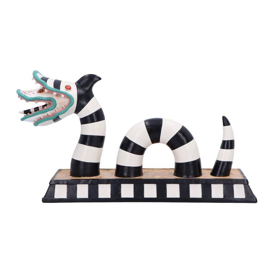 Beetlejuice sandworm figurine with black and white stripes and dual heads