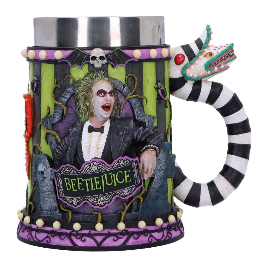 Beetlejuice ceramic tankard with a sandworm handle and black and green stripes