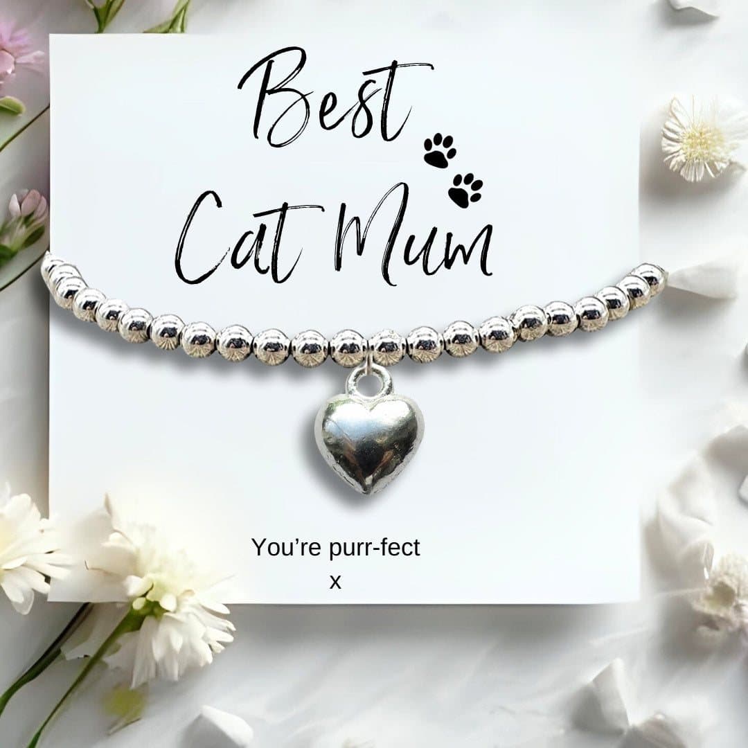Beaded bracelet with a silver plated heart charm and a Best Cat Mum message card