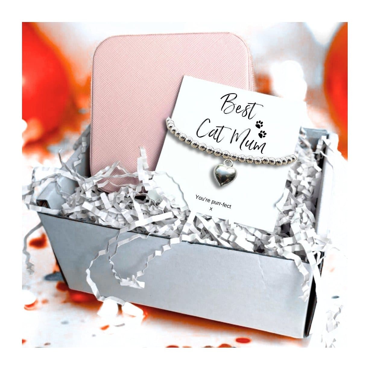 Silver heart charm bracelet, Best Cat Mum message card and pink jewellery box