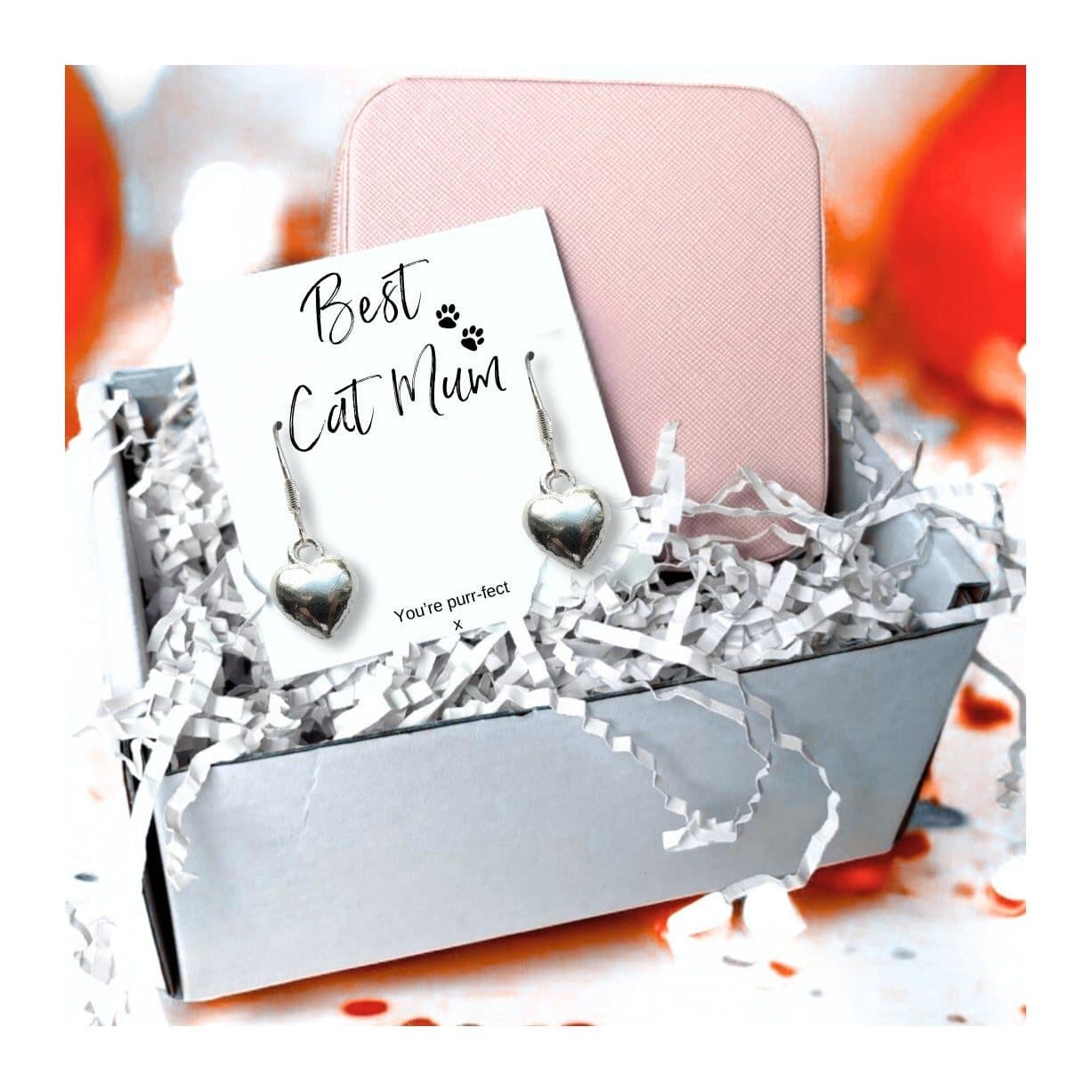 Silver heart earrings with a Best Cat Mum message card and a pink jewellery box