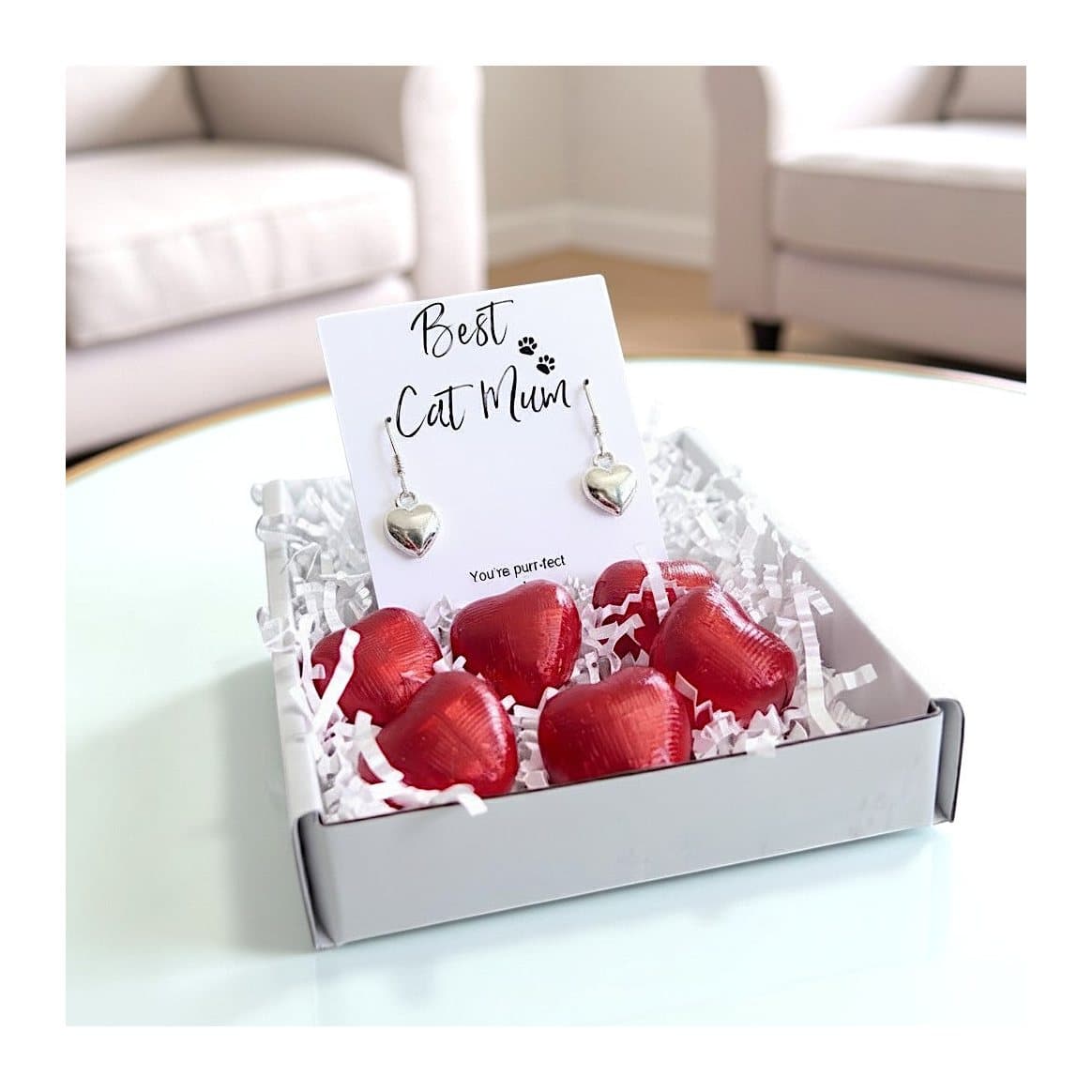 Cat mum mini gift hamper with silver heart earrings and a Best Cat Mum message card