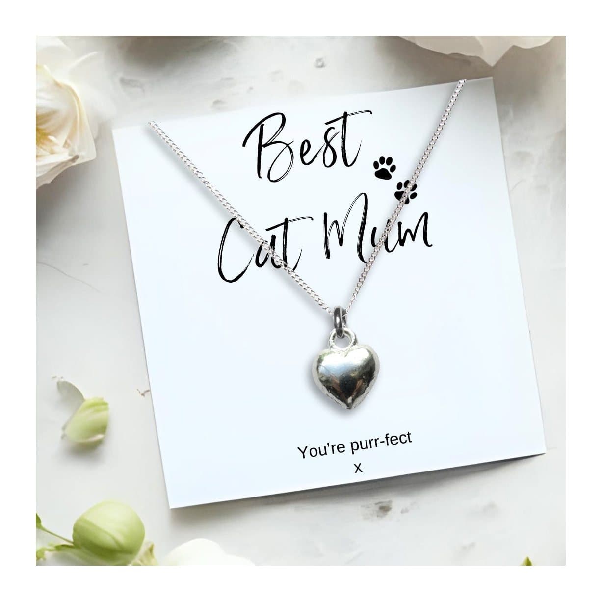 Silver heart charm necklace with a Best Cat Mum message card