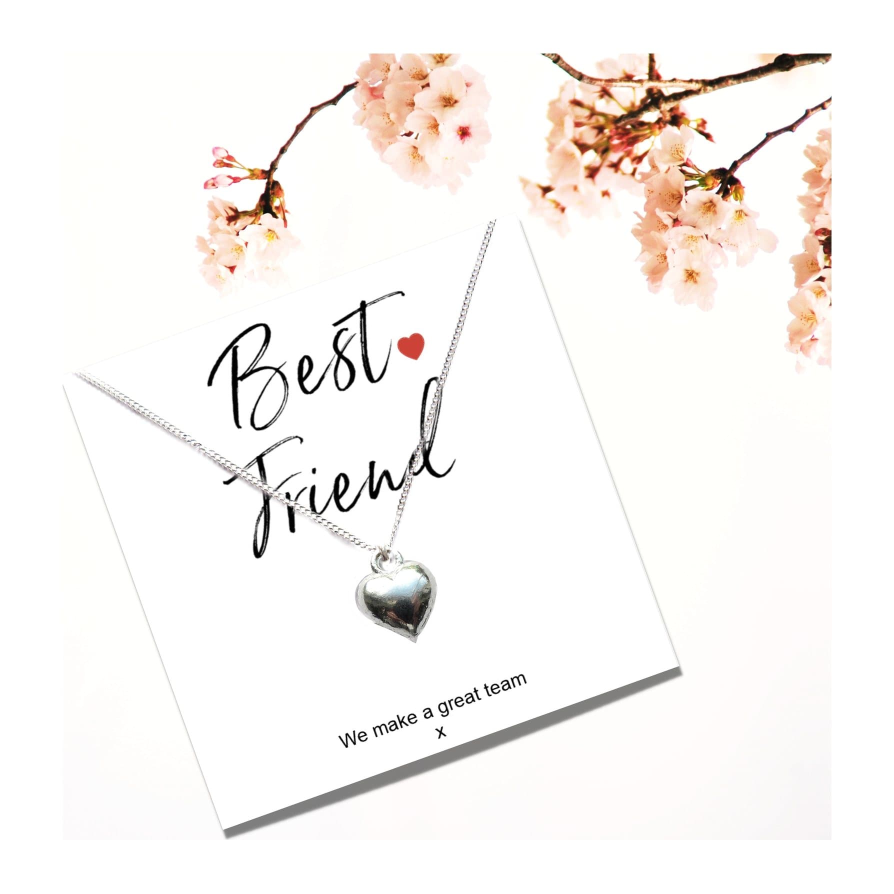 Silver heart charm necklace presented with a We Make A Great Team gift card