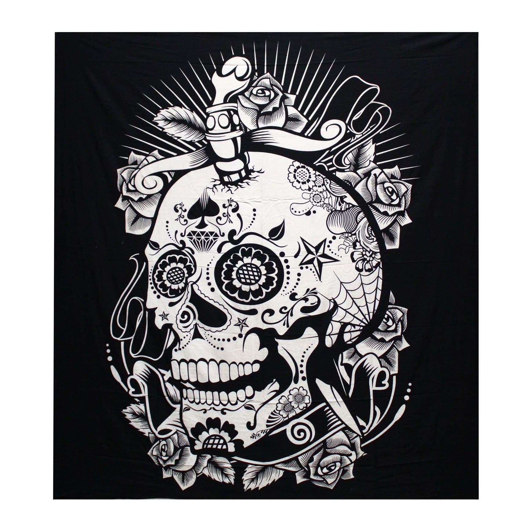 Black and white cotton bedspread and wall hanging with a rose skull design