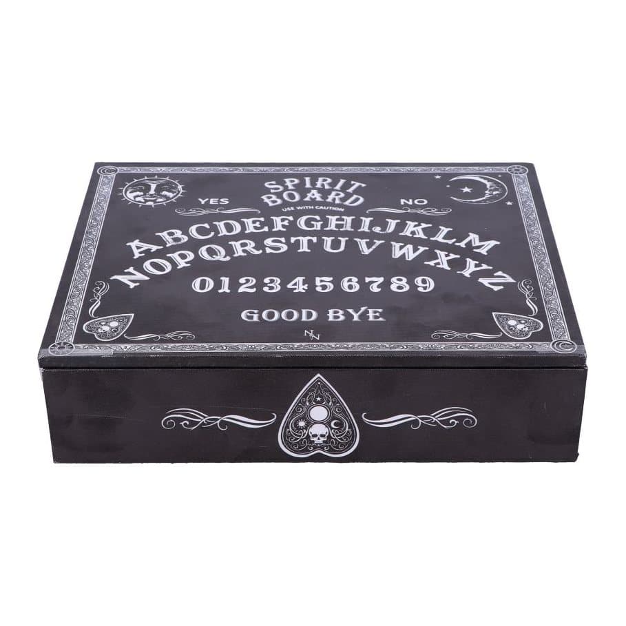 Black jewellery storage box with a spirit board design, alphabet, numbers and planchettes