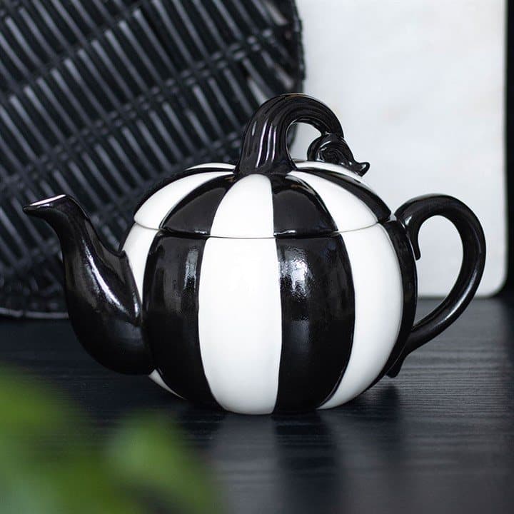 Black and white striped ceramic pumpkin teapot