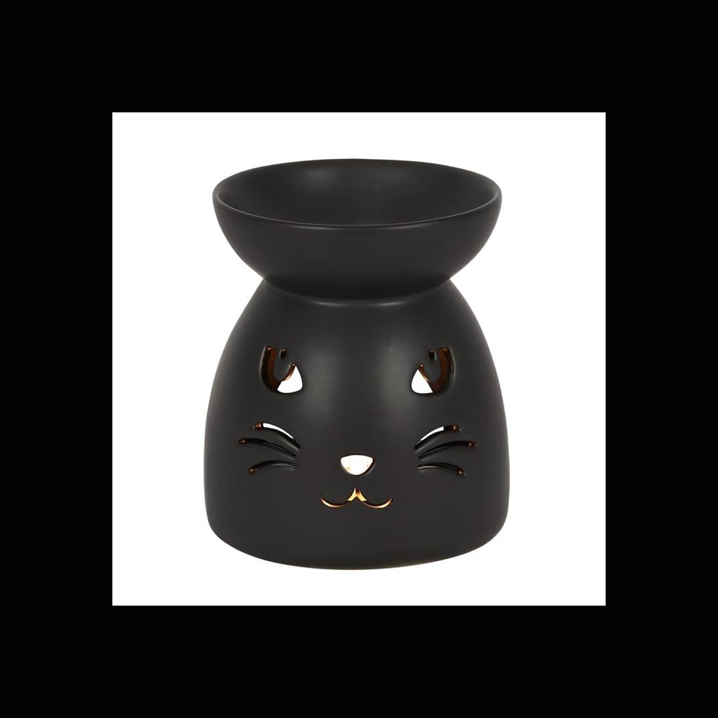 Black ceramic oil burner with a cutout cat face and matt finish