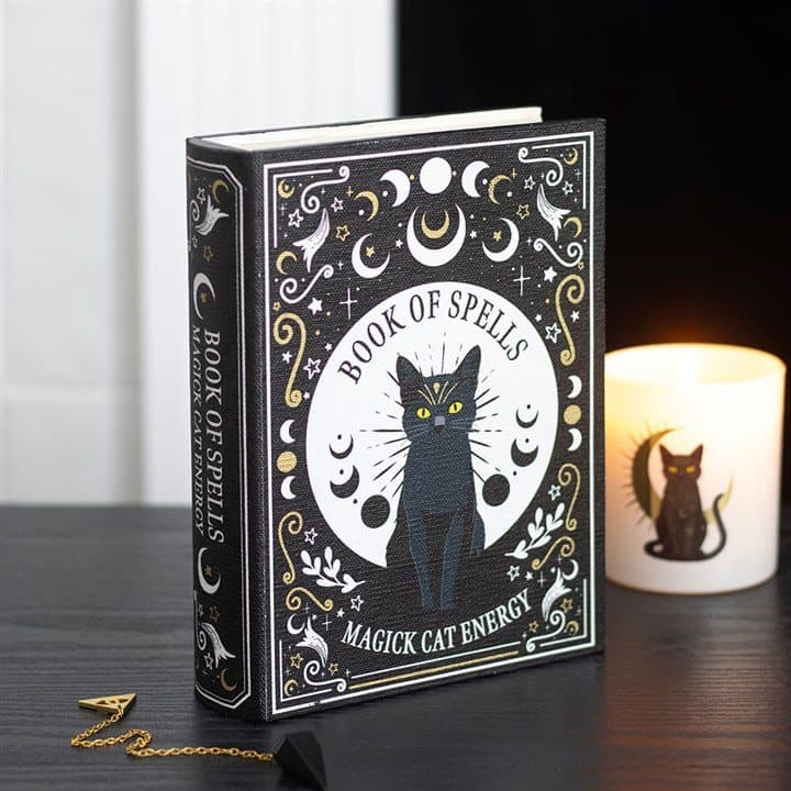 Book of spells shaped black cat storage box in MDF