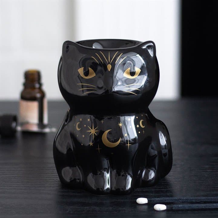 Black ceramic cat oil burner with a space at the back for a tealight