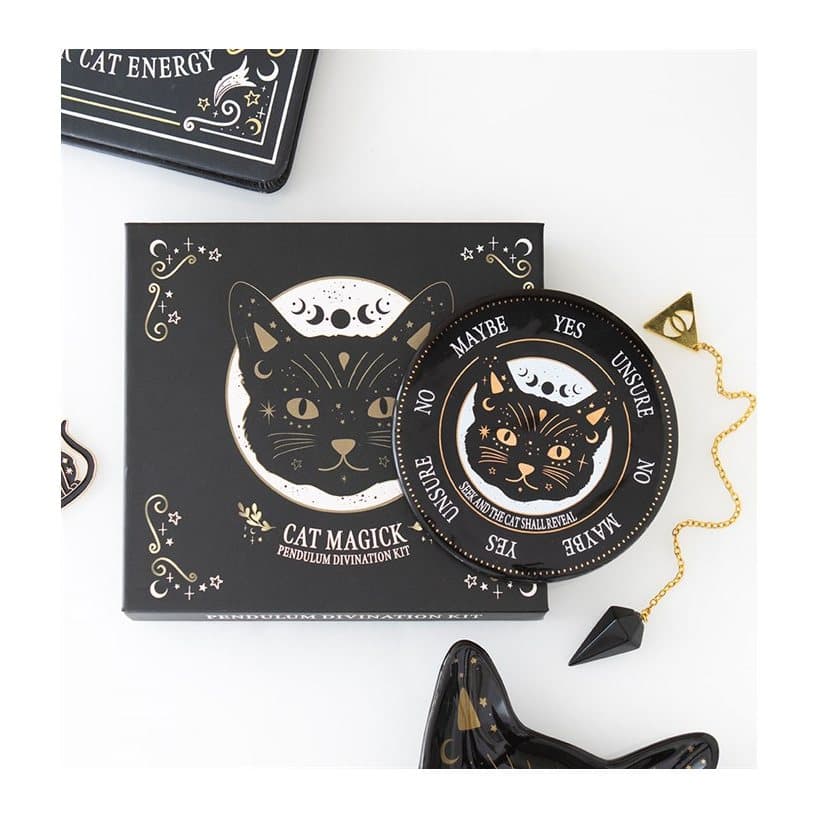 Black cat pendulum divination kit with ceramic board and obsidian crystal pendulum