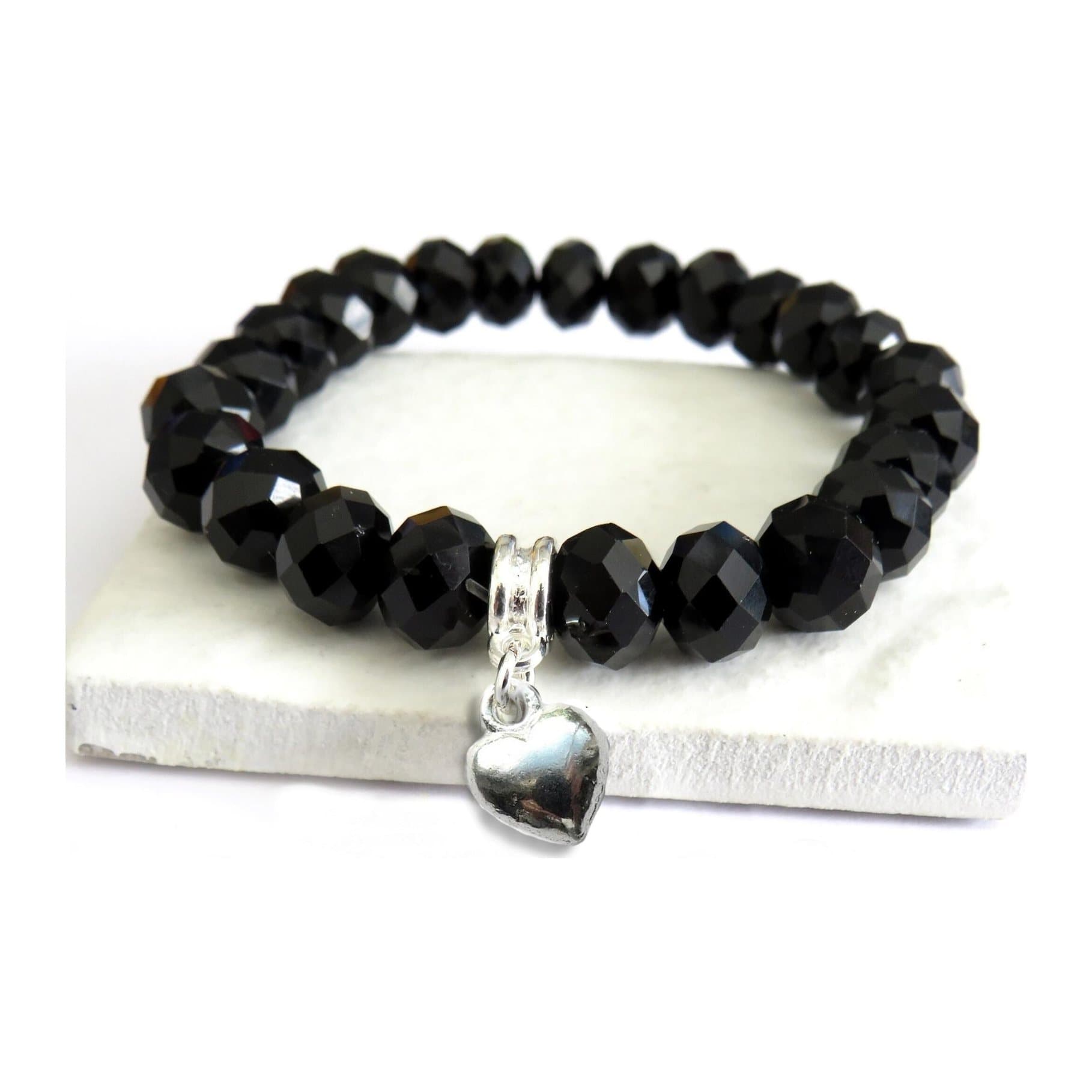 Black crystal beaded bracelet with a silver heart charm