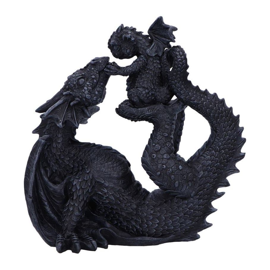 All-black drakaina figurine reclining on her back, cradling her dragonling in her claws.