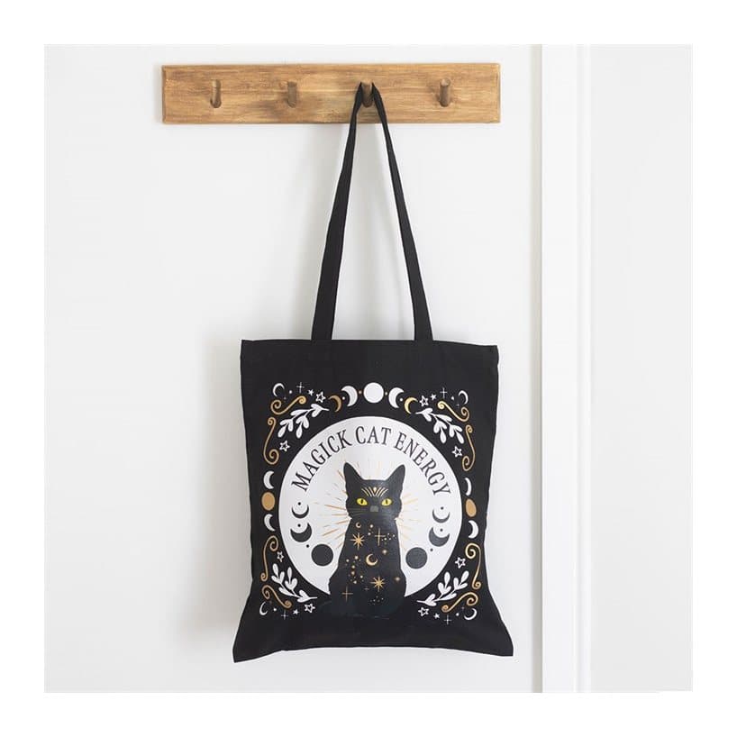 Black tote bag with mystical black cat artwork